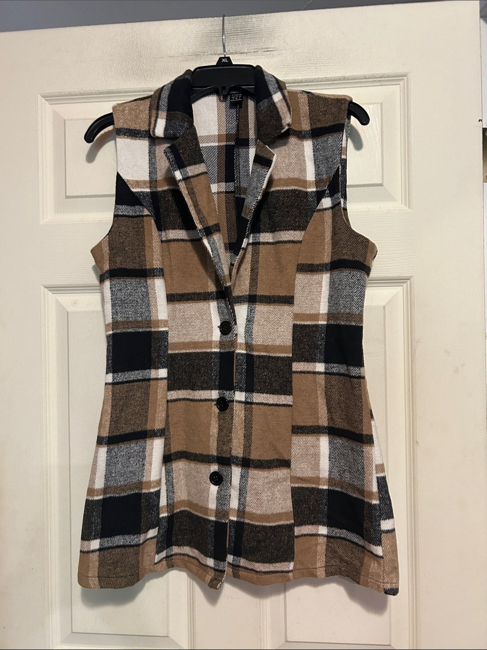 SHEIN Brown Black Tan and White Plaid Vest Size Small